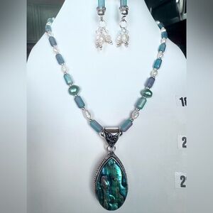 Artisan Handmade Abalone Teardrop Pendant Glass & Pearl Necklace & Earrings Set